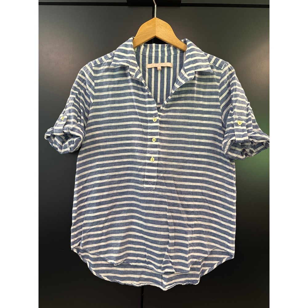 Hutch Blue White Striped Cotton Linen Blend Button Down Tunic Top Small Made NYC